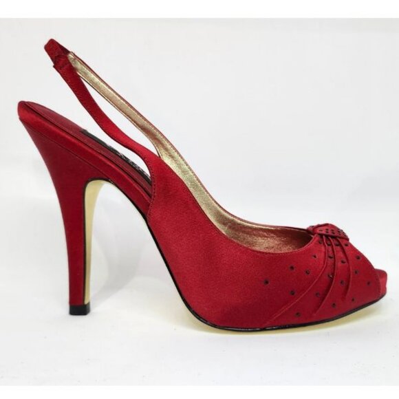 Nina Women's Red Peep Toe High-Heel W/Black Rhinestones Size 7.5 & 8.5 - Picture 2 of 13